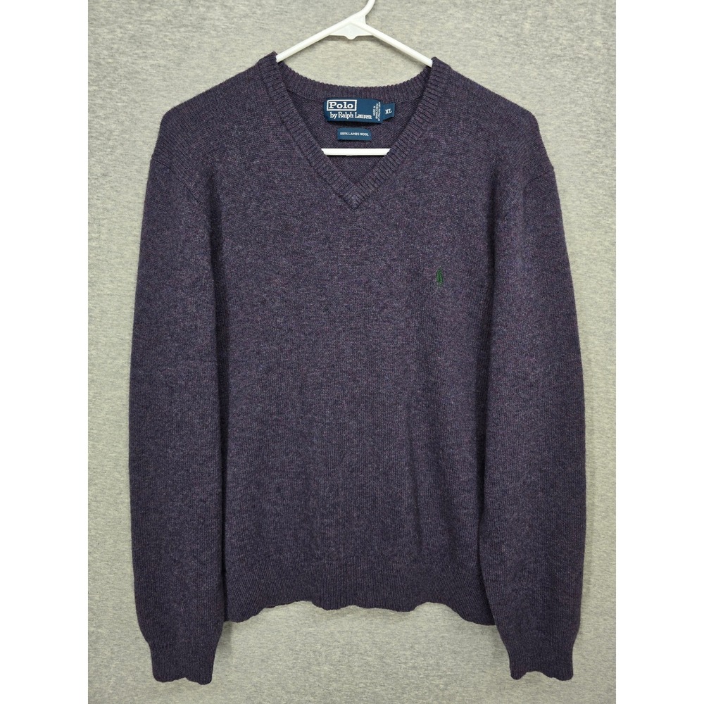 Polo Ralph Lauren Mens XL V-Neck Sweater Purple 100% Lambswool Italian Yarn Pony